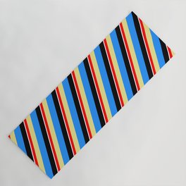 [ Thumbnail: Colorful Red, Tan, Blue, Black & White Colored Lined/Striped Pattern Yoga Mat ]