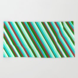 [ Thumbnail: Eyecatching Aquamarine, Dark Turquoise, Brown, Green, and Mint Cream Colored Pattern of Stripes Beach Towel ]
