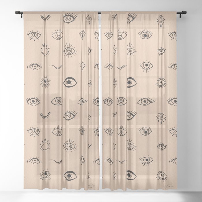 Evil Eyes - Black with Tan Background Sheer Curtain