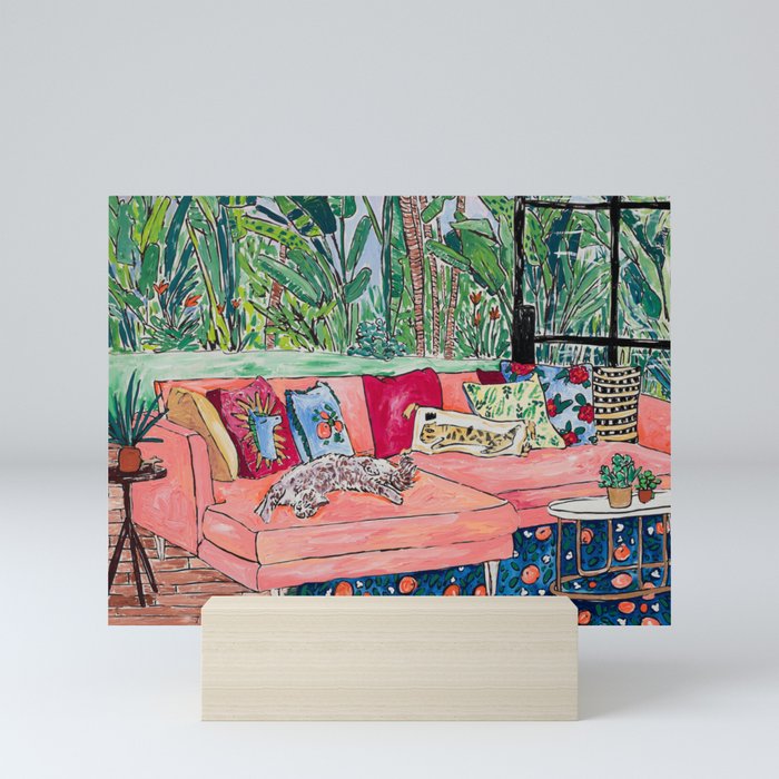 Napping Brown Tabby Cat on Pink Couch with Jungle Background Painting