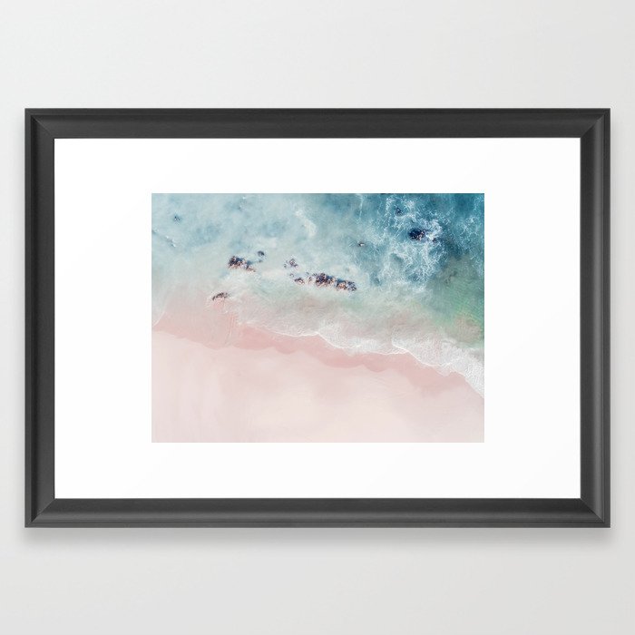 Ocean Pink Blush Beach Print - Aerial Beach - Sea Photo - Travel photography by Ingrid Beddoes Framed Art Print