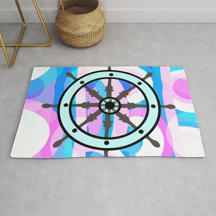 Ship's wheel on abstract marine background Rug