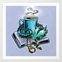 Snuggly dragon and a coffee cup Art Print