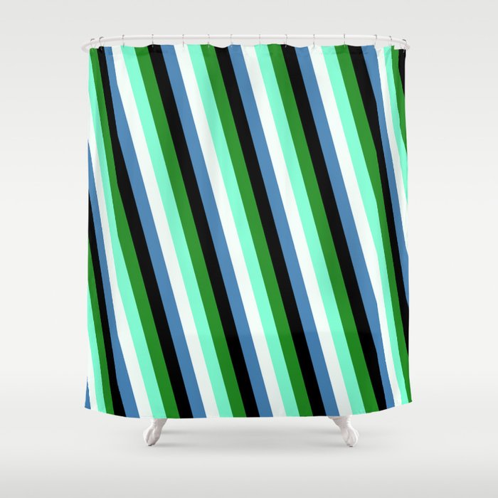 Colorful Forest Green, Aquamarine, Mint Cream, Blue & Black Colored Stripes Pattern Shower Curtain