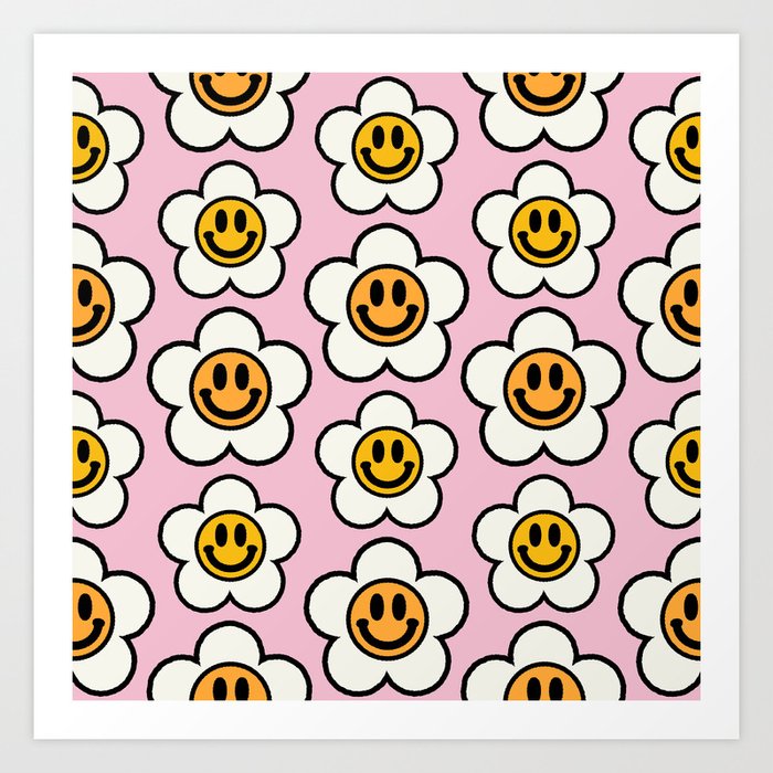 Bold And Funky Flower Smileys Pattern (Pink BG) Art Print