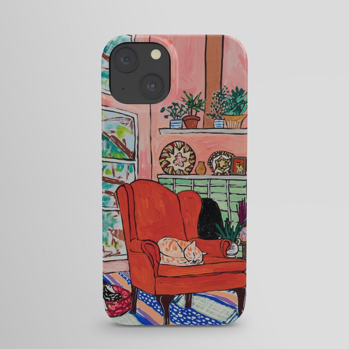 Red Armchair in Pink Interior with Houseplants, Ginger Cat, and Spaniel Interior Painting iPhone Case
