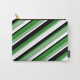 [ Thumbnail: Forest Green, Dark Sea Green, White & Black Colored Striped Pattern Carry-All Pouch ]