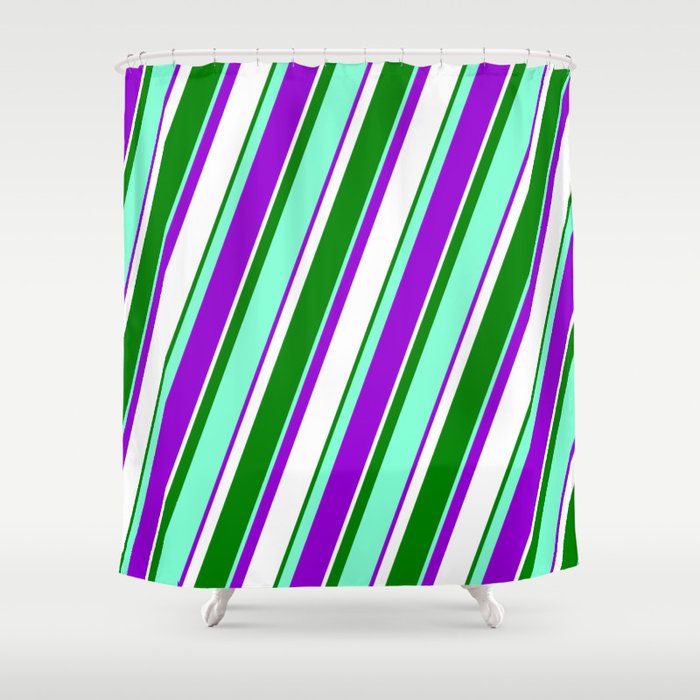 Aquamarine, Dark Violet, White & Green Colored Lines/Stripes Pattern Shower Curtain
