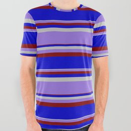[ Thumbnail: Grey, Purple, Maroon & Blue Colored Lined/Striped Pattern All Over Graphic Tee ]