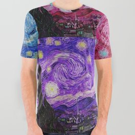 The Starry Night - La Nuit étoilée oil-on-canvas post-impressionist landscape masterpiece painting in alternate four-color collage crimson red, blue, purple, and gold by Vincent van Gogh All Over Graphic Tee