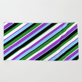 [ Thumbnail: Dark Orchid, Light Sky Blue, Black, Forest Green, and White Colored Lines Pattern Beach Towel ]