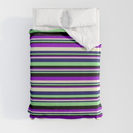 [ Thumbnail: Dark Violet, Light Yellow, Midnight Blue, Light Green, and Black Colored Lined/Striped Pattern Duvet Cover ]