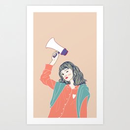 Women holding Megaphones are being announced in public places. Art Print
