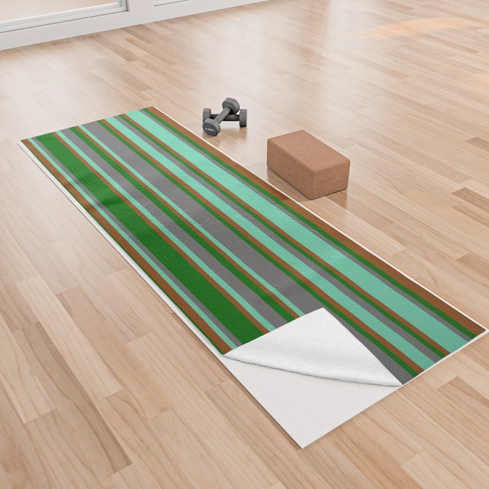 Brown, Dark Green, Dim Grey & Aquamarine Colored Lined/Striped Pattern Yoga Towel