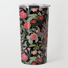  Blooming Pink Flowers Night Garden - Vintage Botanical illustration collage on the  black backgound Travel Mug