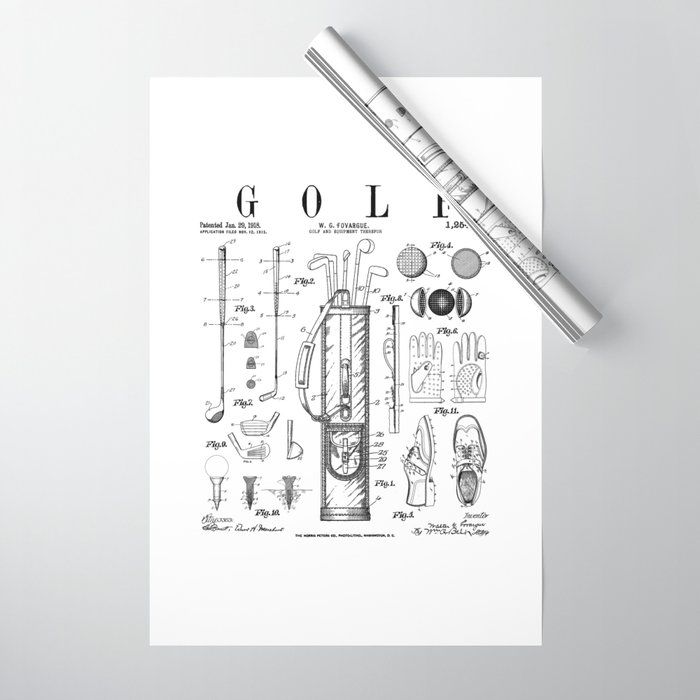 Golf Club Golfer Old Vintage Patent Drawing Print Wrapping Paper