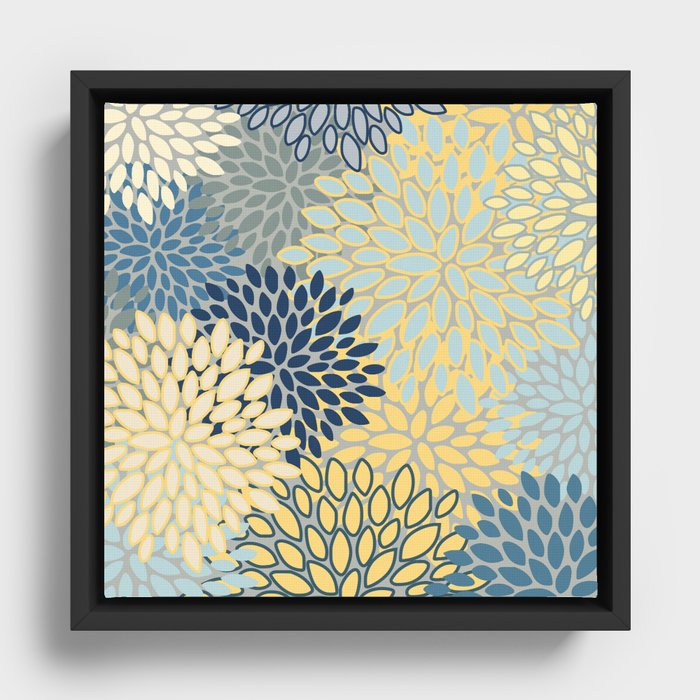 Floral Print, Yellow, Gray, Blue, Teal Framed Canvas