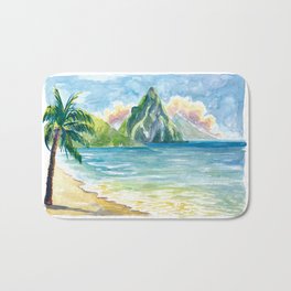 Pitons Saint Lucia with Incredible Caribbean Sunset In Soufriere Bay Bath Mat | Saintluciaart, Pitonsisland, Arrivingstlucia, Stluciabay, Lucia, Pitonspainting, Saintlucia, Stluciawedding, Soufrierelucia, Stluciawatercolor 