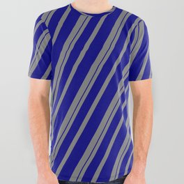 [ Thumbnail: Gray and Blue Colored Striped/Lined Pattern All Over Graphic Tee ]