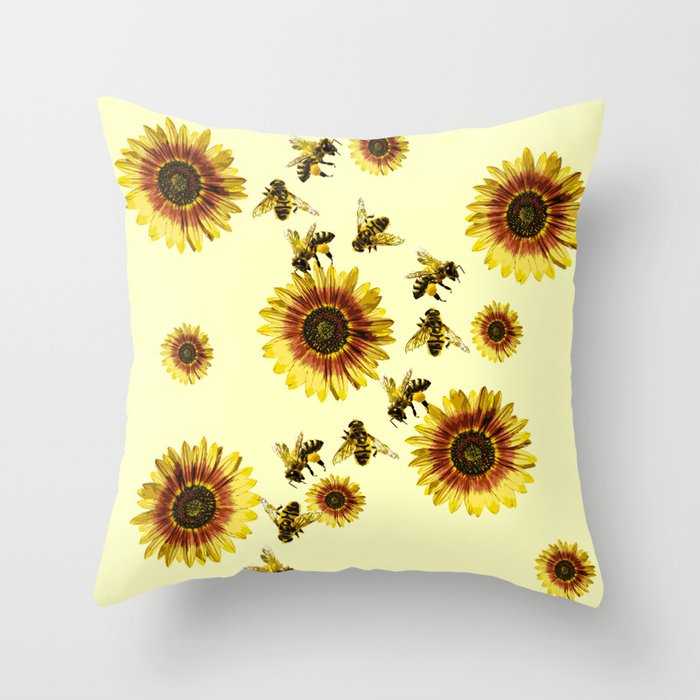 Yellow Sunflowers and Honey Bees Summer Pattern Throw Pillow