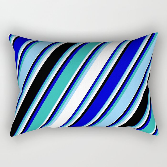 Vibrant Blue, Light Sea Green, Light Sky Blue, White & Black Colored Lines/Stripes Pattern Rectangular Pillow