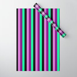 [ Thumbnail: Orchid, Purple, Green, and Black Colored Lined/Striped Pattern Wrapping Paper ]