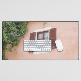 Window with shutters - Green ivy and soft pastel pink wall - France travel photography Desk Mat