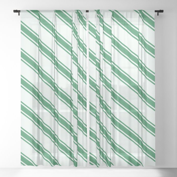 Mint Cream & Sea Green Colored Lined/Striped Pattern Sheer Curtain