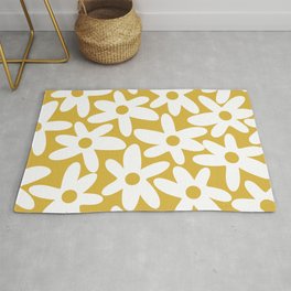 Daisy Time Retro Floral Pattern in Mustard and White Area & Throw Rug