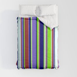 [ Thumbnail: Colorful Brown, Medium Slate Blue, Blue, Chartreuse & Light Cyan Colored Striped/Lined Pattern Comforter ]