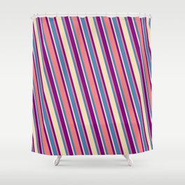 [ Thumbnail: Blue, Tan, Purple & Light Coral Colored Pattern of Stripes Shower Curtain ]