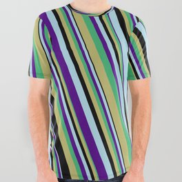 [ Thumbnail: Eye-catching Sea Green, Dark Khaki, Black, Light Blue, and Indigo Colored Striped/Lined Pattern All Over Graphic Tee ]