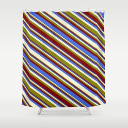 [ Thumbnail: Green, Maroon, Royal Blue, and Beige Colored Stripes/Lines Pattern Shower Curtain ]