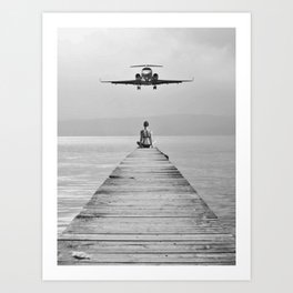 Steady As She Goes 6; aircraft coming in for an island landing female in bikini black and white photography - photographs - photograph Art Print