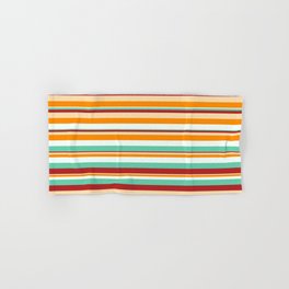 [ Thumbnail: Eye-catching Mint Cream, Aquamarine, Red, Tan & Dark Orange Colored Striped Pattern Hand & Bath Towel ]