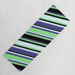 [ Thumbnail: Dark Slate Blue, Light Green, Black, and Light Cyan Colored Lined Pattern Yoga Mat ]
