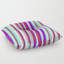 [ Thumbnail: Dark Violet, Red, Dark Grey, Beige & Aquamarine Colored Striped Pattern Floor Pillow ]