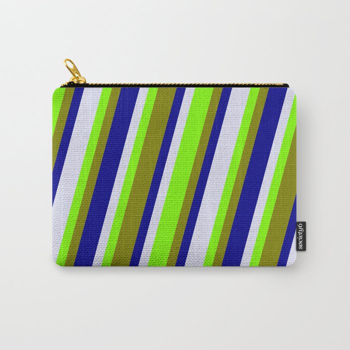 Chartreuse, Green, Dark Blue & Lavender Colored Stripes/Lines Pattern Carry-All Pouch