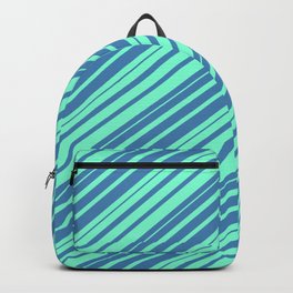 [ Thumbnail: Blue & Aquamarine Colored Striped/Lined Pattern Backpack ]