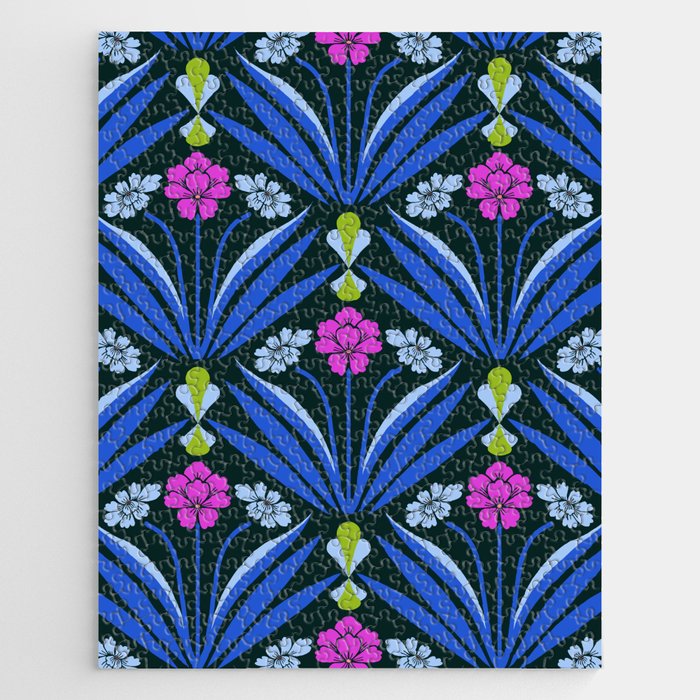 Art deco floral pattern in blue and pink Jigsaw Puzzle