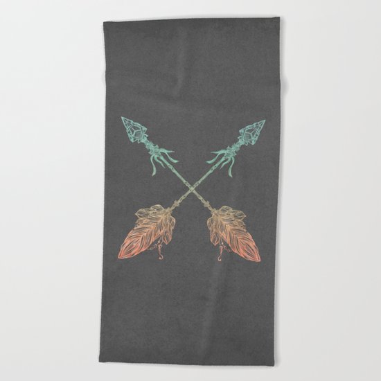 Tribal Arrows Turquoise Coral Gradient on Gray Beach Towel