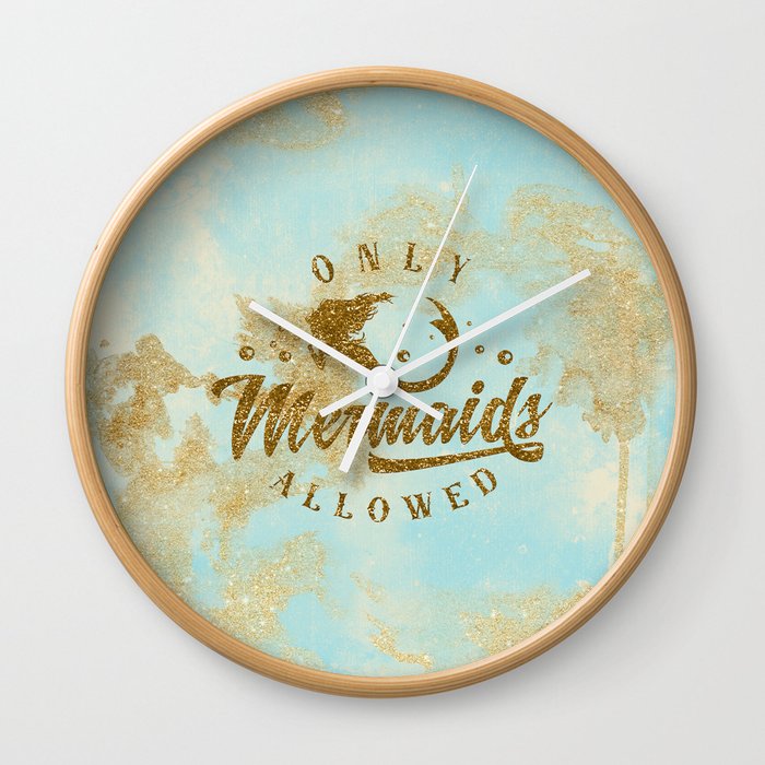 Only Mermaids allowed - Gold glitter lettering on aqua glittering background Wall Clock
