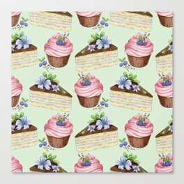Watercolor texture with blueberries cupcakes and a piece of vanilla cake Canvas Print