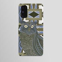 Great horned owl decorated on a patterned background - Blue and brown Android Case
