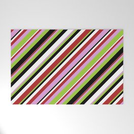 [ Thumbnail: Red, Plum, Green, Black & White Colored Lines Pattern Welcome Mat ]