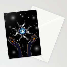 Triple Goddess pagan symbol and hands holding an inverted pentacle Stationery Card