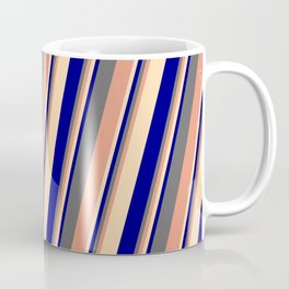 [ Thumbnail: Dim Gray, Dark Salmon, Tan & Blue Colored Lined/Striped Pattern Coffee Mug ]