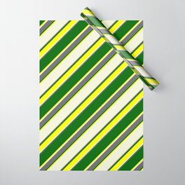 [ Thumbnail: Beige, Dim Gray, Dark Green & Yellow Colored Lined Pattern Wrapping Paper ]
