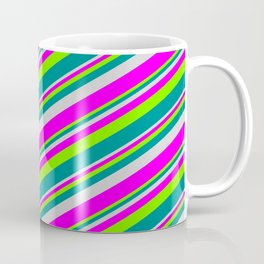[ Thumbnail: Light Grey, Fuchsia, Green, and Dark Cyan Colored Lines/Stripes Pattern Coffee Mug ]