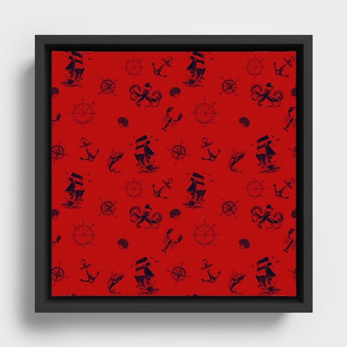 Red And Blue Silhouettes Of Vintage Nautical Pattern Framed Canvas